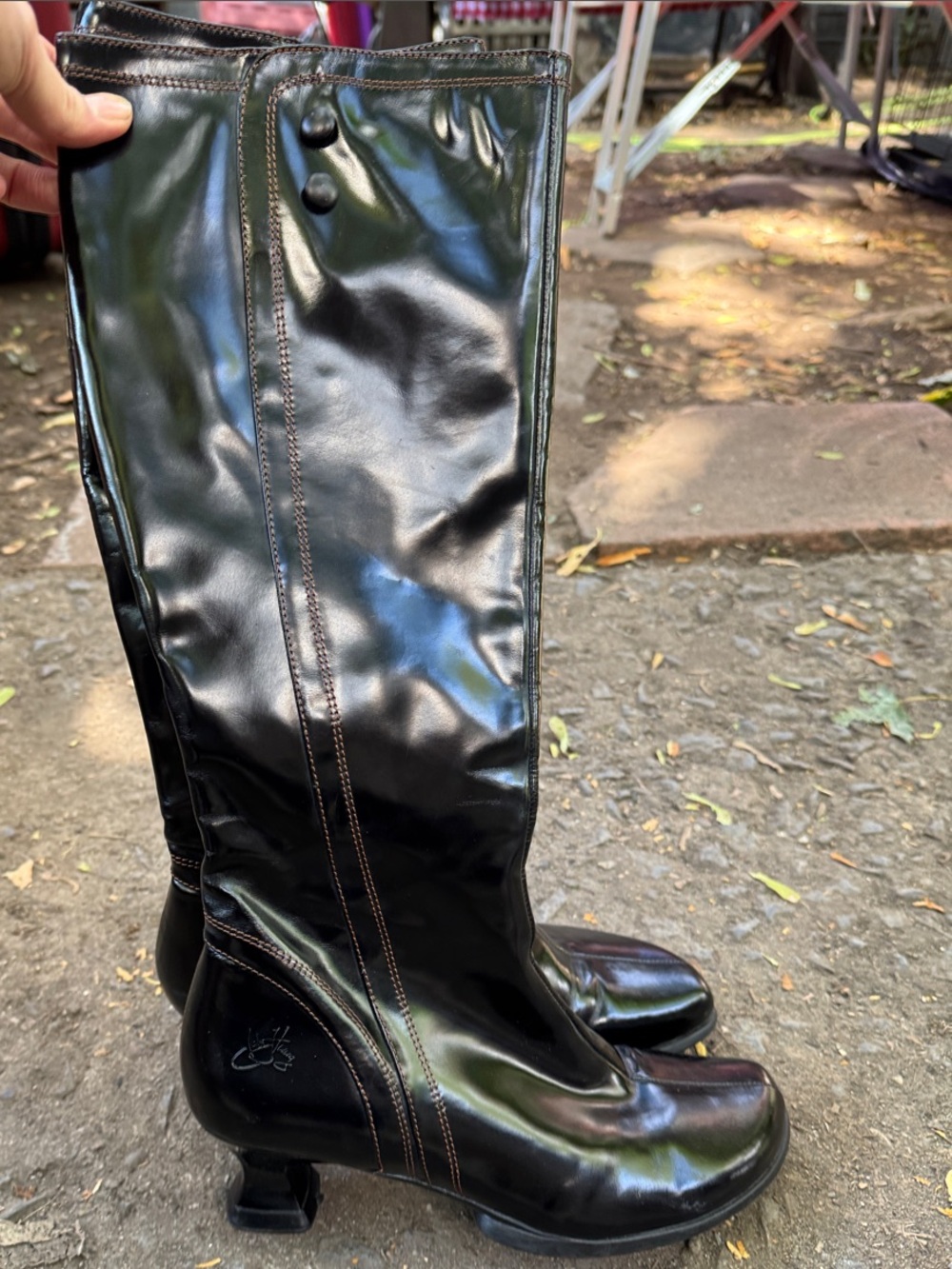 John Fluevog Black Patent Knee-High Heeled Boots
